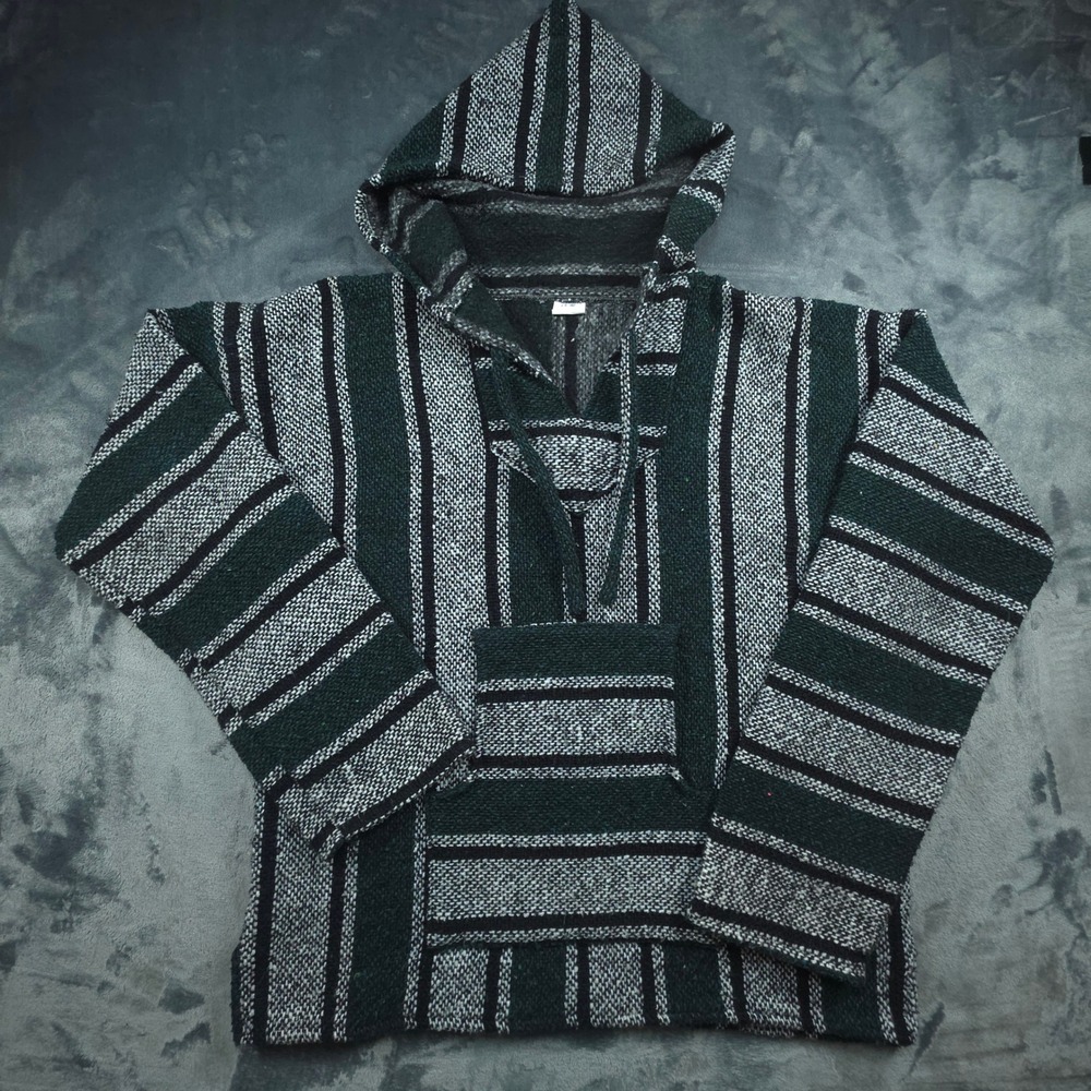 Artesanias FR Inc Baja Hoodie Green Gray Striped Mexican Pullover Large